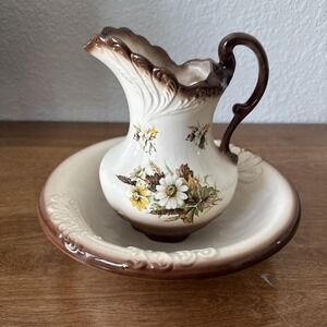 Vintage Handmade Wash Basin Brown With Daisies Small Cottage Core